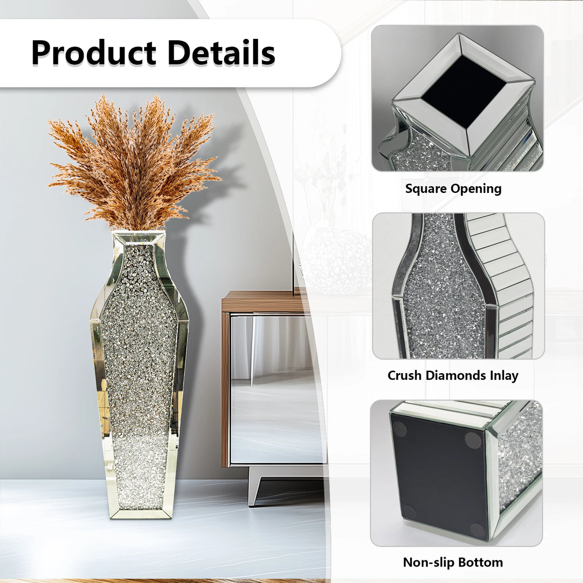Tall Crushed Diamond Mirrored Floor Vase for Home Decor