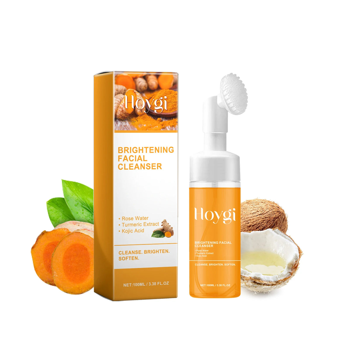 2-in-1 Turmeric Brightening Cleanser,Built in Silicone Brush Head,Synergistic Brightening Formula,Amino Acid Based Gentle Cleansing,Rose Water Hydration&Calming,Deep Nourishing, Cleansing&Hydrating All in One,Instant Foaming