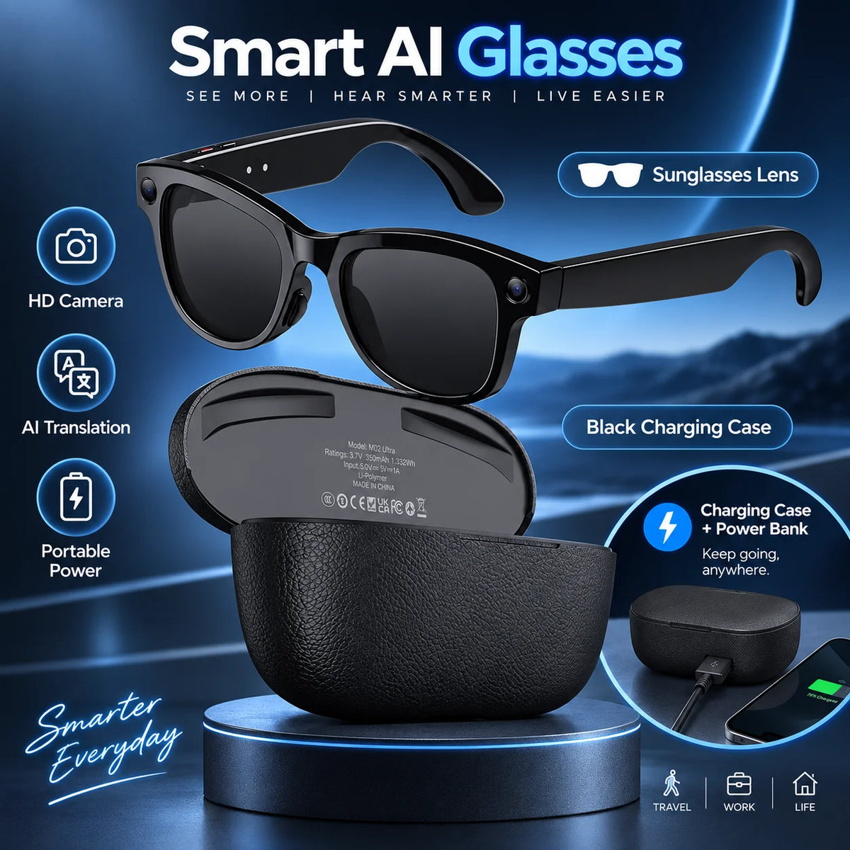 2026 Smart AI Glasses 1080P Camera 32GB Bluetooth Translation Charging Case