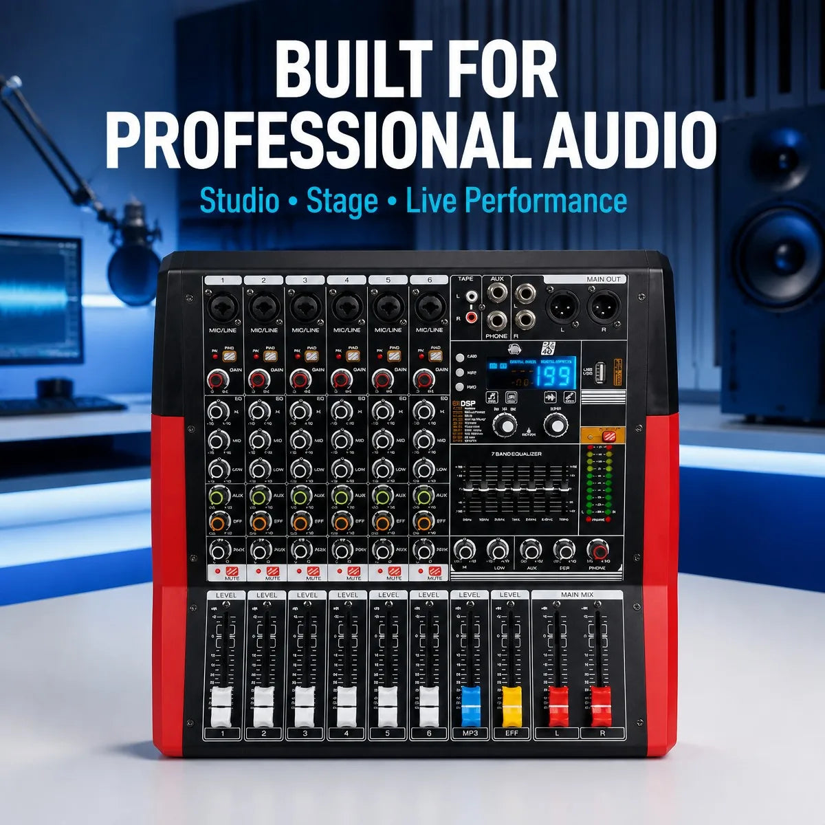 Yamnweo CV 600 6 Channel Audio Mixer 450W X2 DSP USB MP3 7 Band EQ