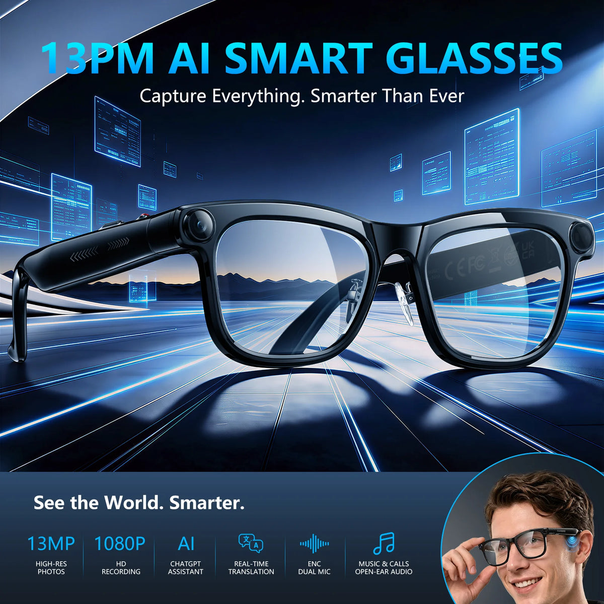 KAIGERR Smart Glasses With 4K Camera Bluetooth Calls and AI Translation