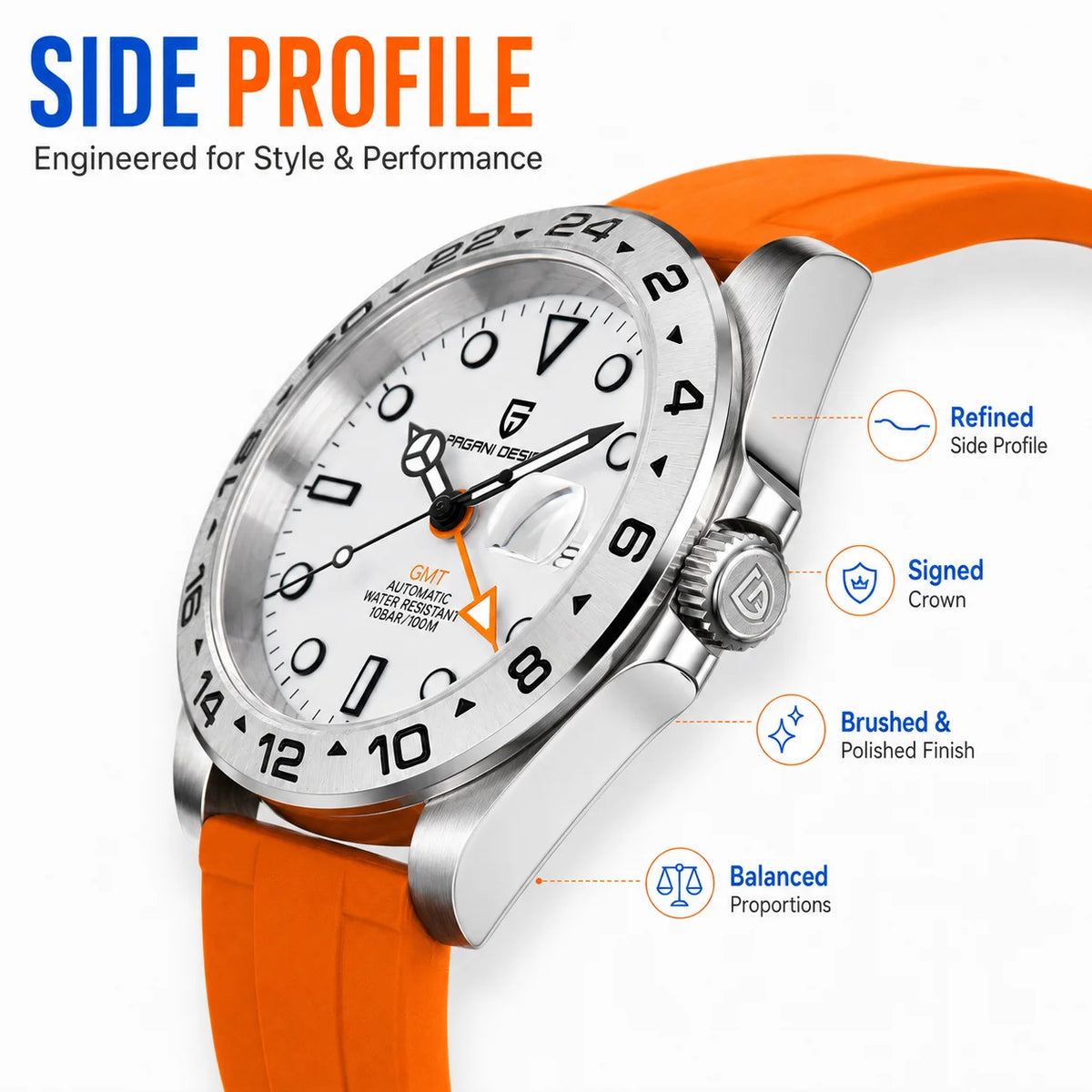 PAGANI DESIGN PD-1682 GMT Automatic Watch Men 42mm Sapphire Glass 100M Waterproof Date FKM Rubber Strap Mechanical Wristwatch