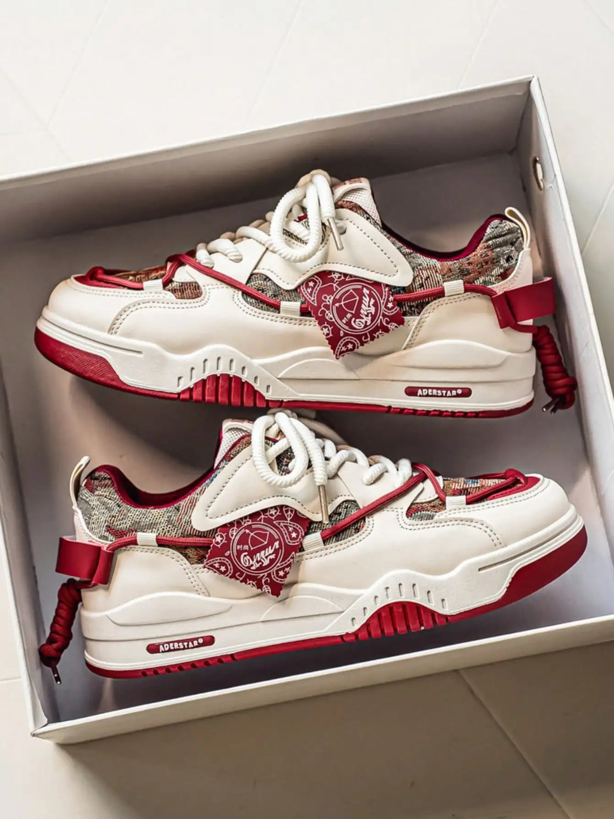Mens Retro Chunky Sneakers With Geometric Print And Thick Sole Skate Shoes