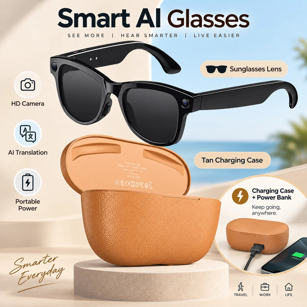 2026 Smart AI Glasses 1080P Camera 32GB Bluetooth Translation Charging Case