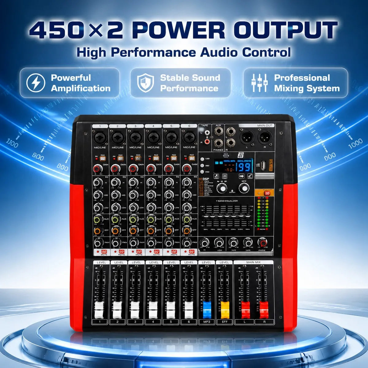 Yamnweo CV 600 6 Channel Audio Mixer 450W X2 DSP USB MP3 7 Band EQ