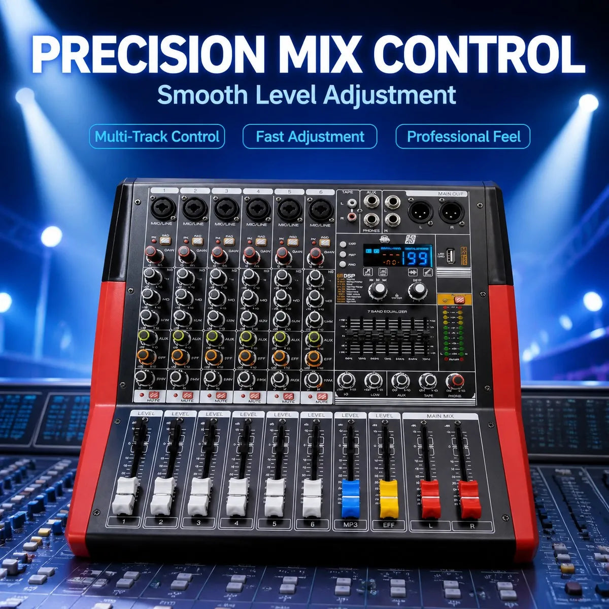 Yamnweo CV 600 6 Channel Audio Mixer 450W X2 DSP USB MP3 7 Band EQ