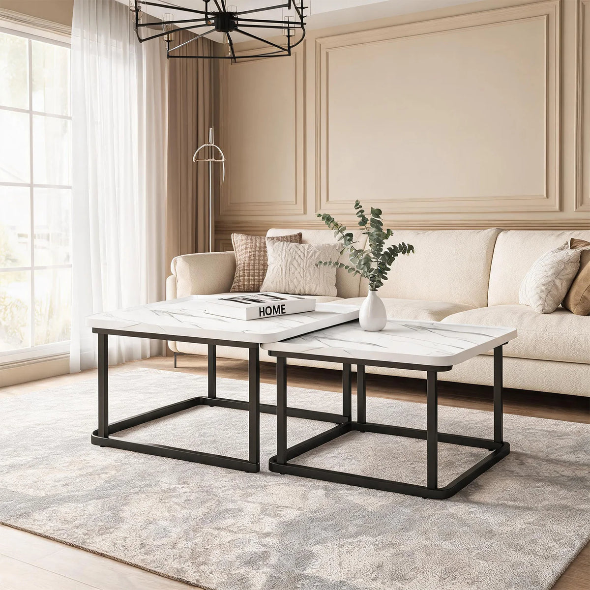 Space Saving Fluted Square Nesting Coffee Tables Set of 2 for Living Room