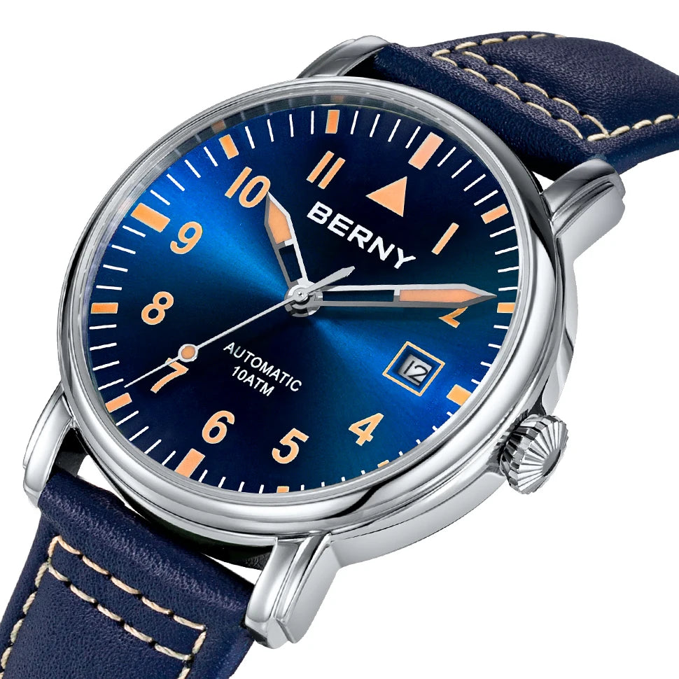 BERNY Aviation Automatic Watch Men Mechanical Luminous Army Military Classic Watch Sapphire Waterproof 100m Diver Wristwatch Men
