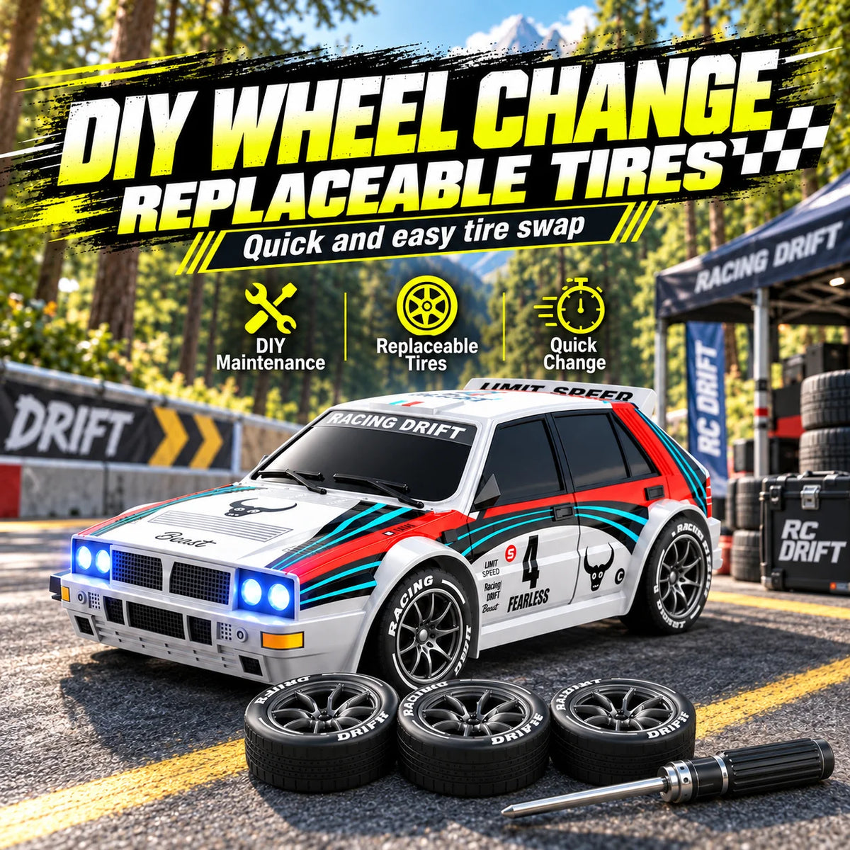 1 24 Scale 4WD RC Drift Car With LED Headlights And Spare Tires