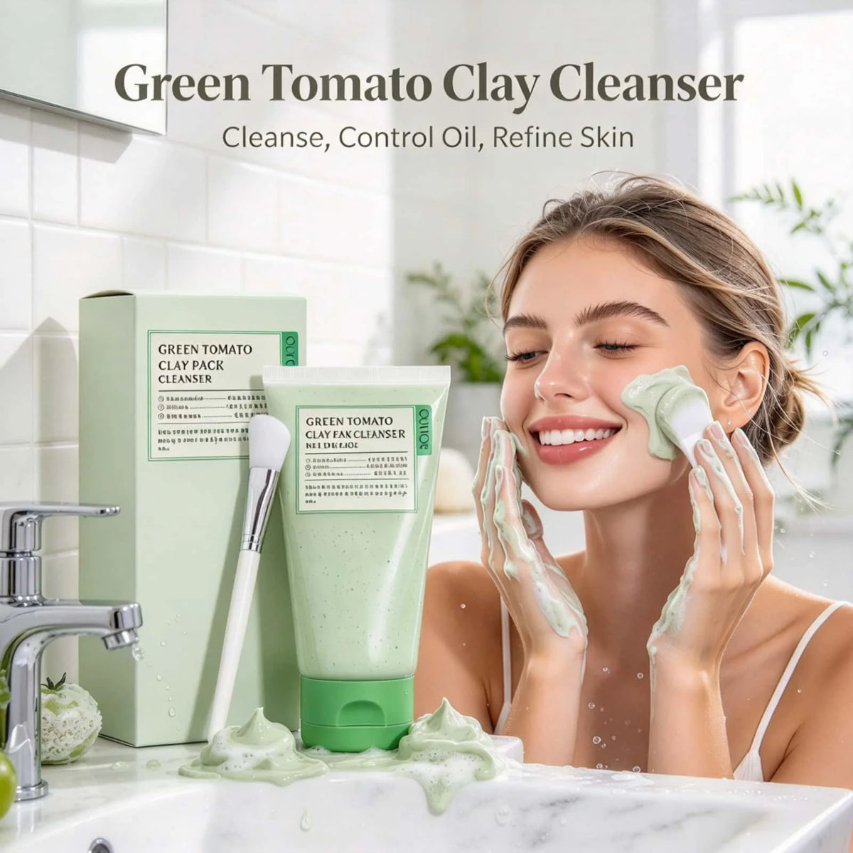 Ouhoe Green Tomato Face Wash Deep Pore Cleanser Oil Control Brightening Gentle Daily Exfoliating Gel Wash Off Type With Spatula Facial Cleanser
