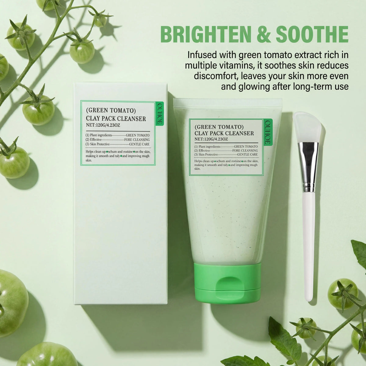 Ouhoe Green Tomato Face Wash Deep Pore Cleanser Oil Control Brightening Gentle Daily Exfoliating Gel Wash Off Type With Spatula Facial Cleanser