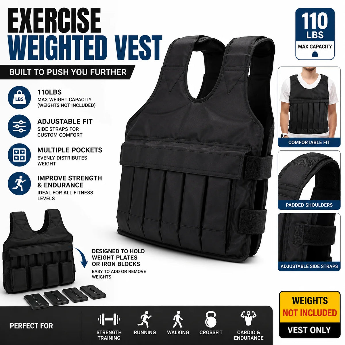 Adjustable Weighted Vest 110 Pound Capacity 12 Pockets For Strength Training
