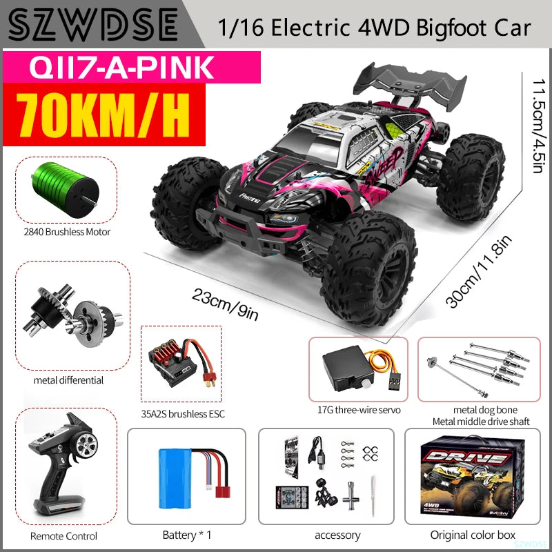 Wltoys Q117 1/16 RC Car 4WD Remote Control Car LED Headlights Brushless 70KM/H 2.4G High Speed Off-Road Drift Toys for Children