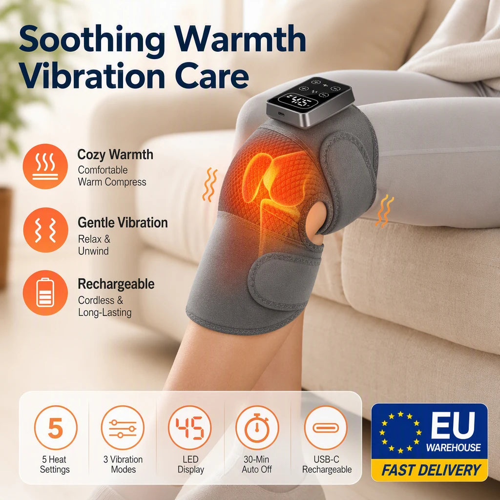 Cordless Heated Knee Massager 3 Vibration 5 Warm Compress Levels 3000mAh Rechargeable Knee Brace Wrap for Knee Elbow Shoulder Relaxation Home Office Travel Fitness Yoga