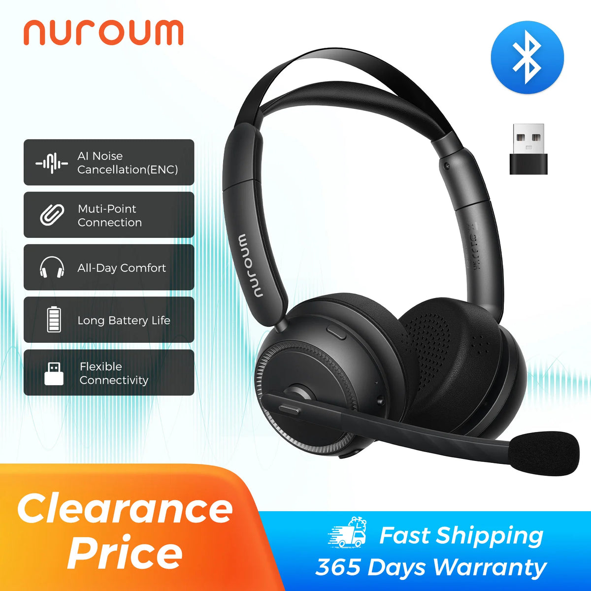 Nuroum Bluetooth 5.3 Wireless Headset With ENC Mic and USB Dongle