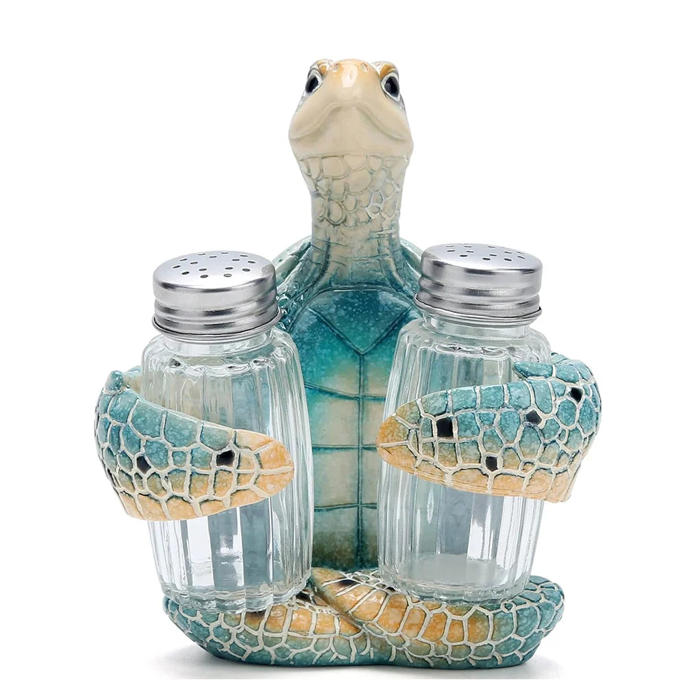 Resin Sea Turtle Salt And Pepper Shaker Holder With Glass Shakers Coastal Decor