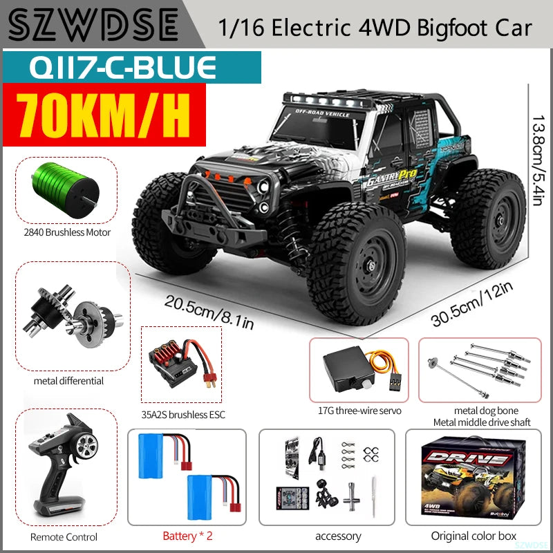 Wltoys Q117 1/16 RC Car 4WD Remote Control Car LED Headlights Brushless 70KM/H 2.4G High Speed Off-Road Drift Toys for Children