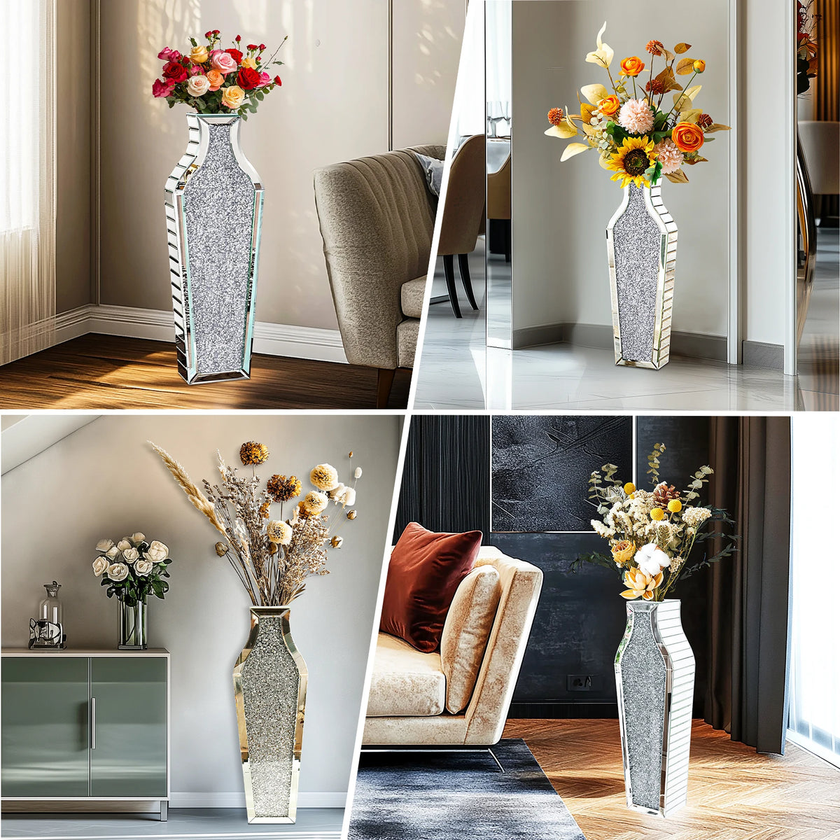 Tall Crushed Diamond Mirrored Floor Vase for Home Decor