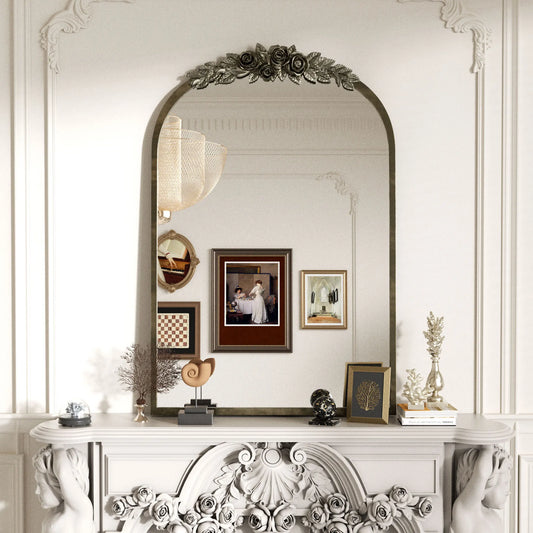 Antique Baroque Arched Wall Mirror With Brass Metal Frame