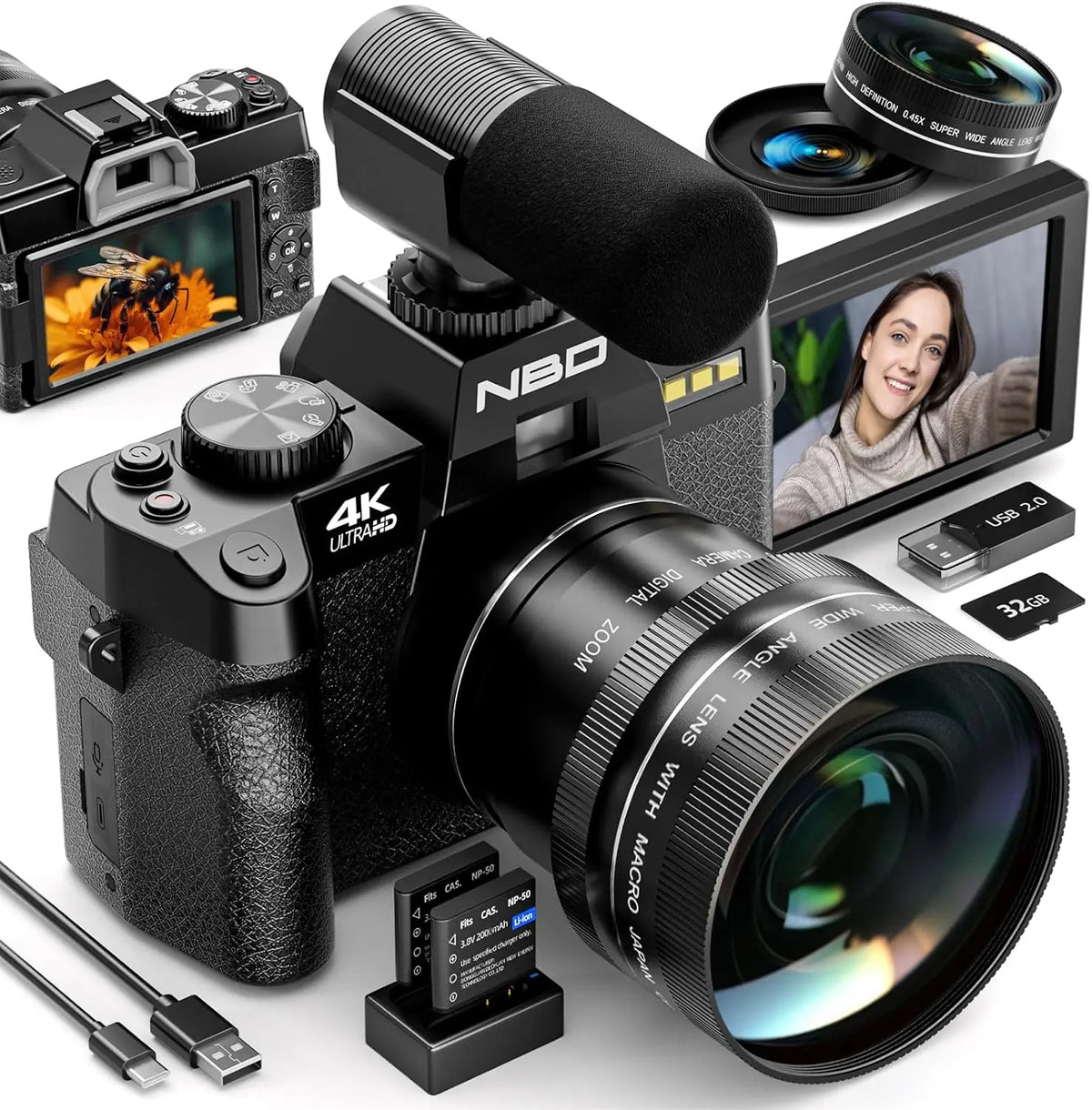 48MP 4K Vlogging Camera with 16X Zoom Flip Screen and Macro Lens