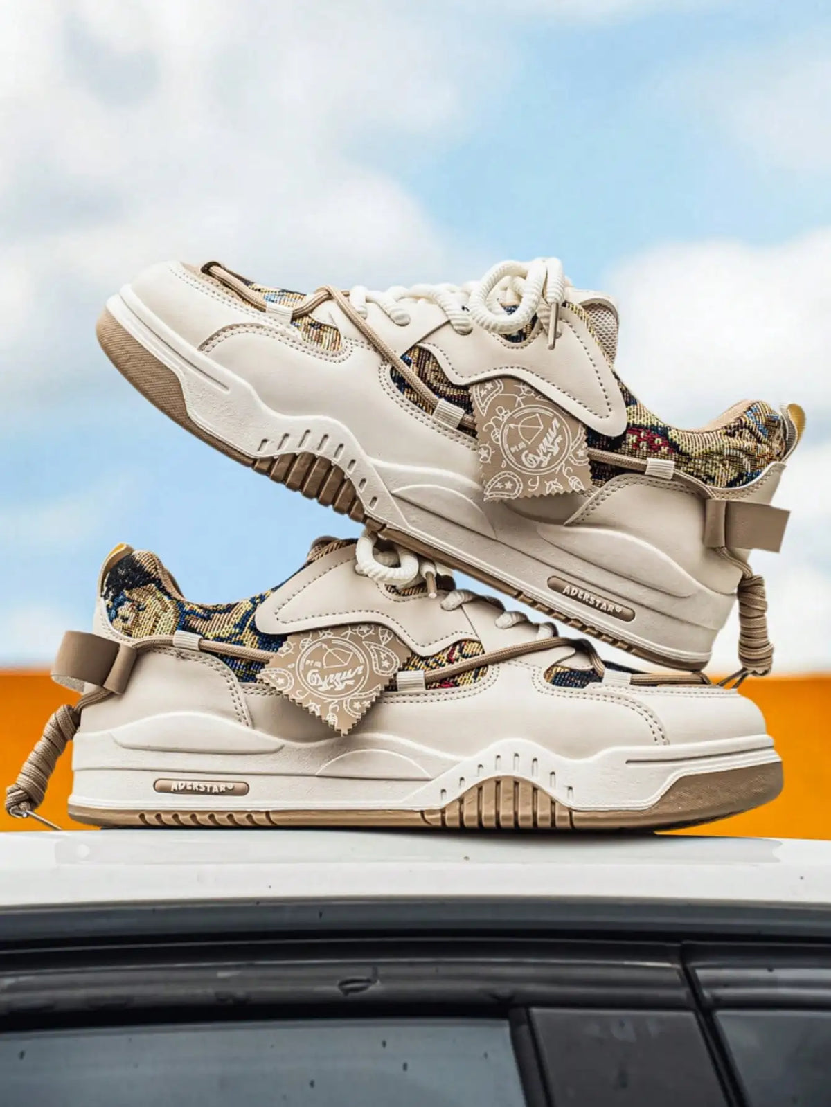 Mens Retro Chunky Sneakers With Geometric Print And Thick Sole Skate Shoes
