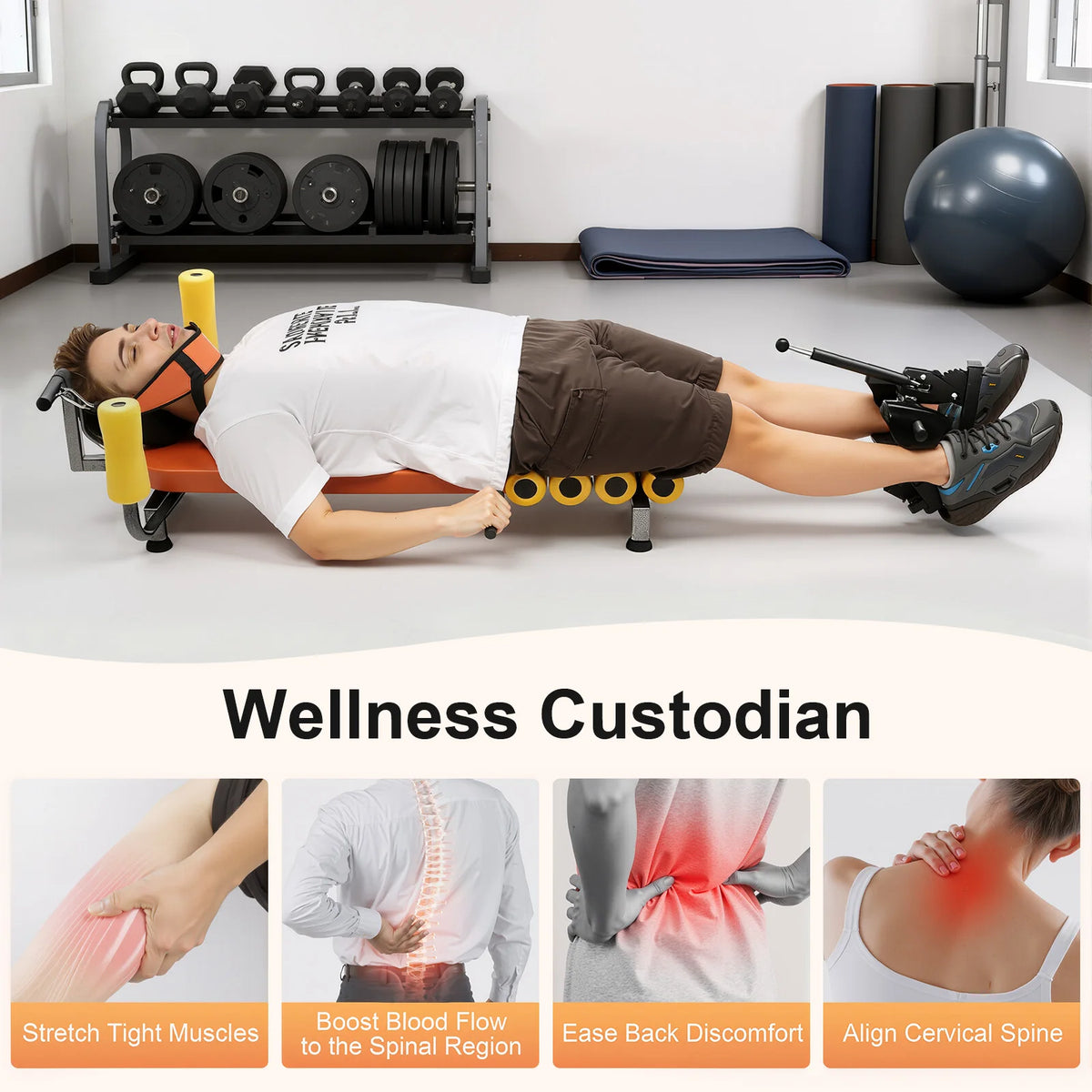 Back Stretch Bench – Adjustable 4.76-5.91ft – 286.6 Lbs – Traction & Decompression – U-Shape Footrest – Neck Back Relief – Orange Black