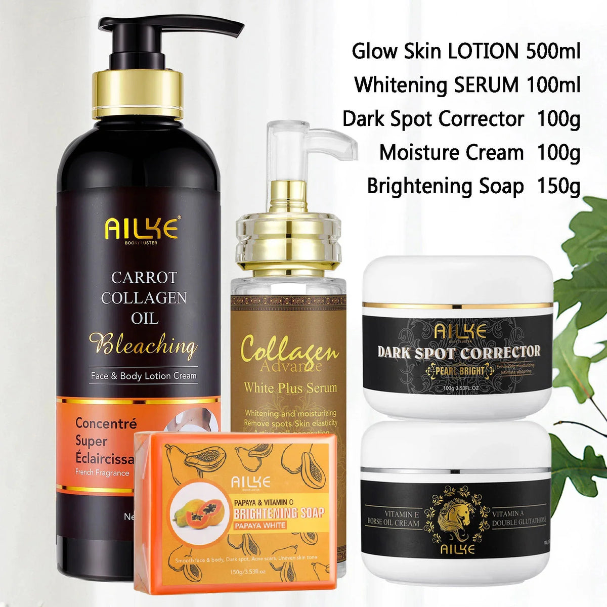 AILKE Collagen Whitening Kit, Skin Moisturizer, Hydration, Remove Dark Spots, Sun Spots, Freckles, Melanin, Even Skin Tone