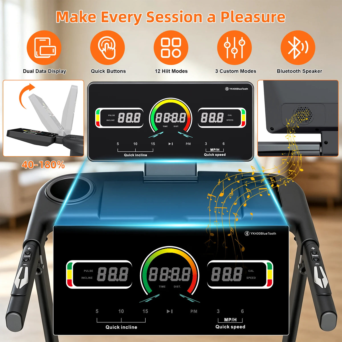 3.0HP Home Treadmill with 15 Level Auto Incline and Heart Rate Monitor