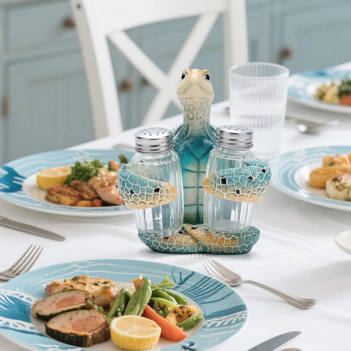 Resin Sea Turtle Salt And Pepper Shaker Holder With Glass Shakers Coastal Decor
