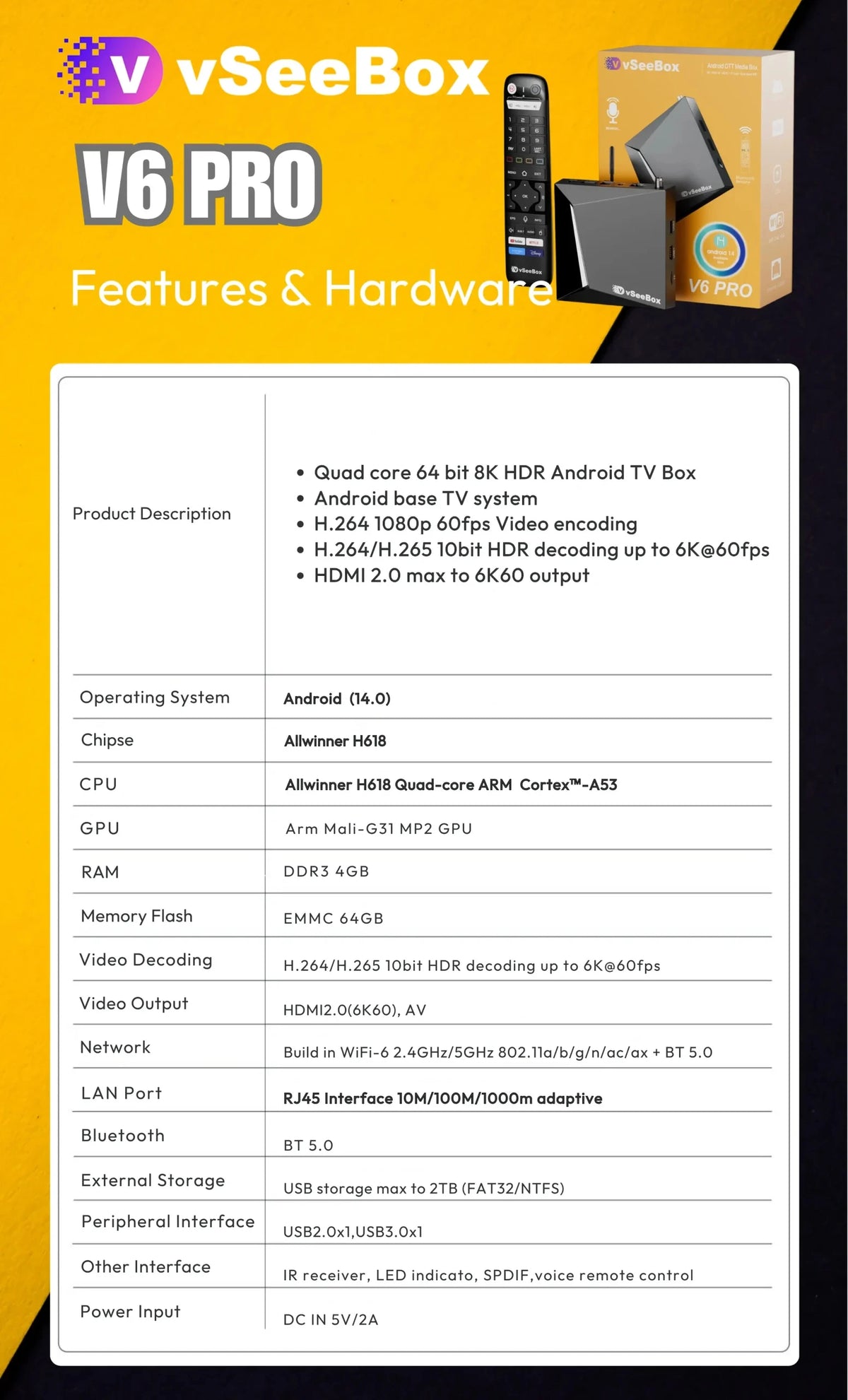 VSeeBox V6 Pro 8K Android TV Box 4GB RAM 32GB Storage