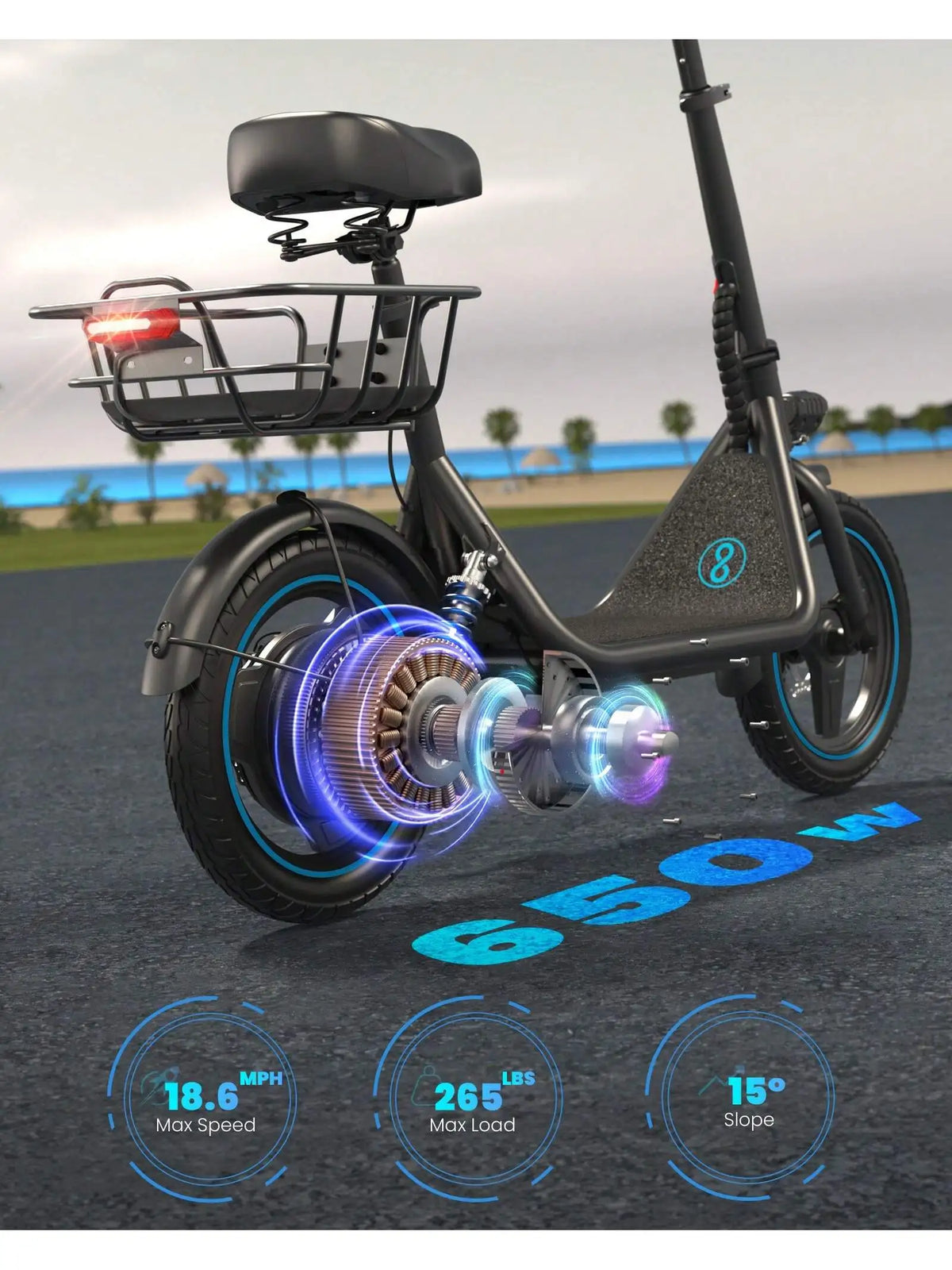 GYROSHOES 650W Adult Electric Scooter With Seat 36V 10.4Ah Battery 25 Miles Range 14 Inch Wheel Foldable E Scooter Dual Suspension UL2272 Certified Commuter E-Scooter With Basket LED Display Dual Disc Brake Load 265lbs