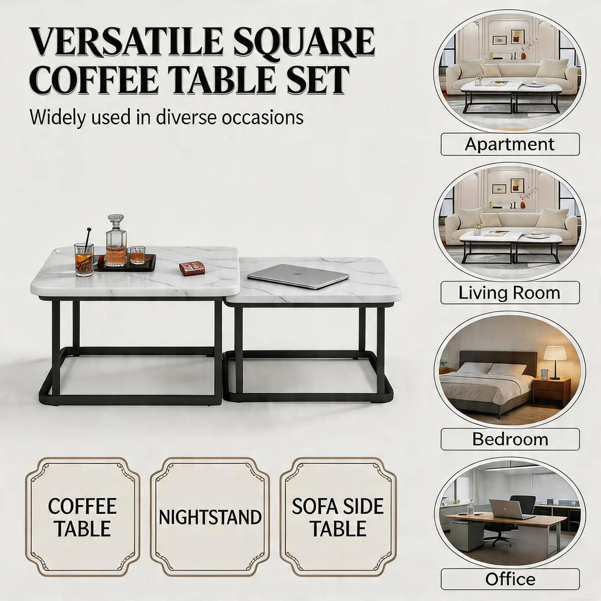 Space Saving Fluted Square Nesting Coffee Tables Set of 2 for Living Room