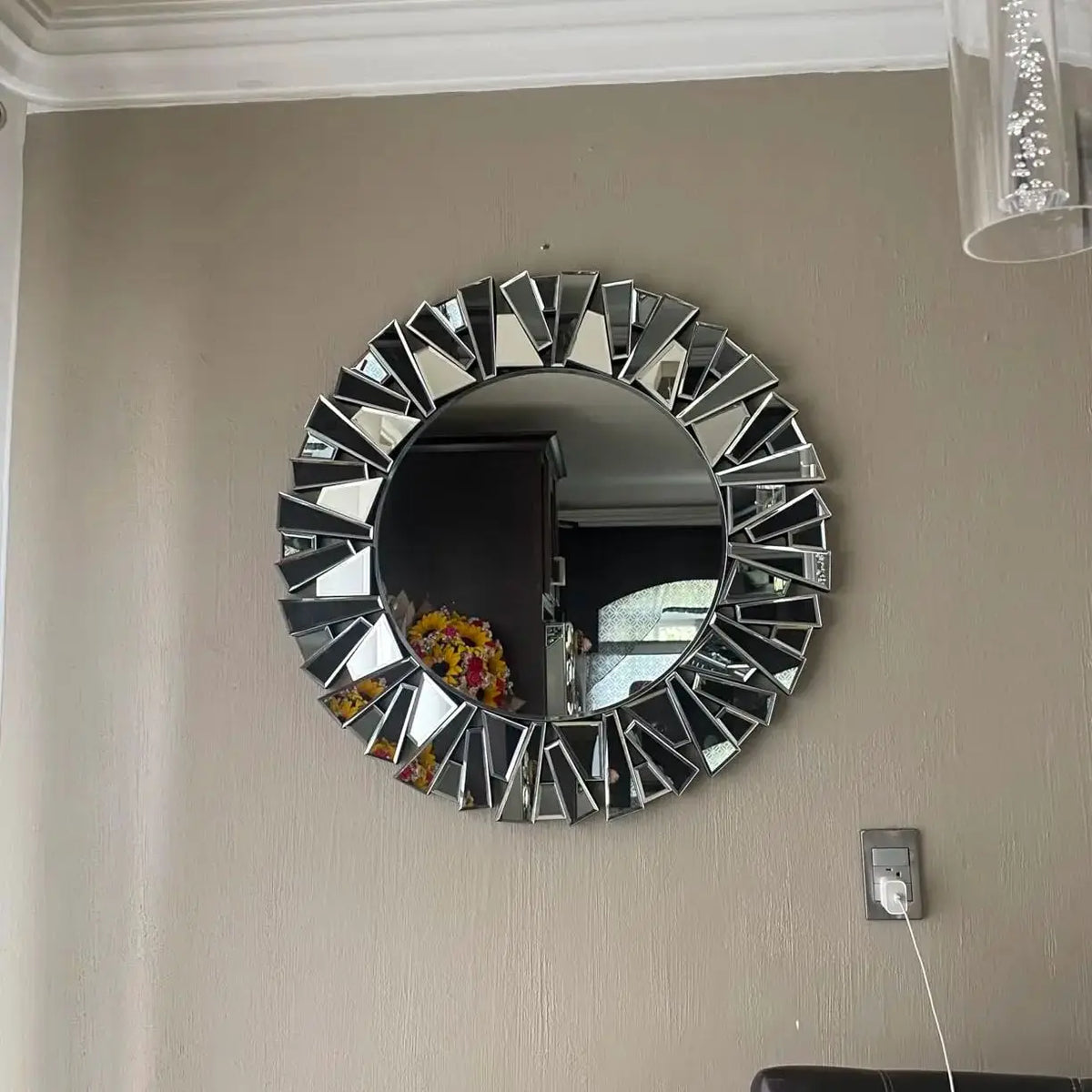 Silver Sunburst Round Wall Mirror 800mm Beveled Glass Decorative Accent Mirror