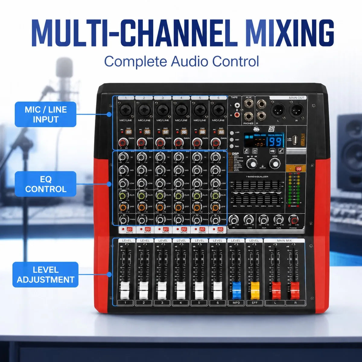 Yamnweo CV 600 6 Channel Audio Mixer 450W X2 DSP USB MP3 7 Band EQ