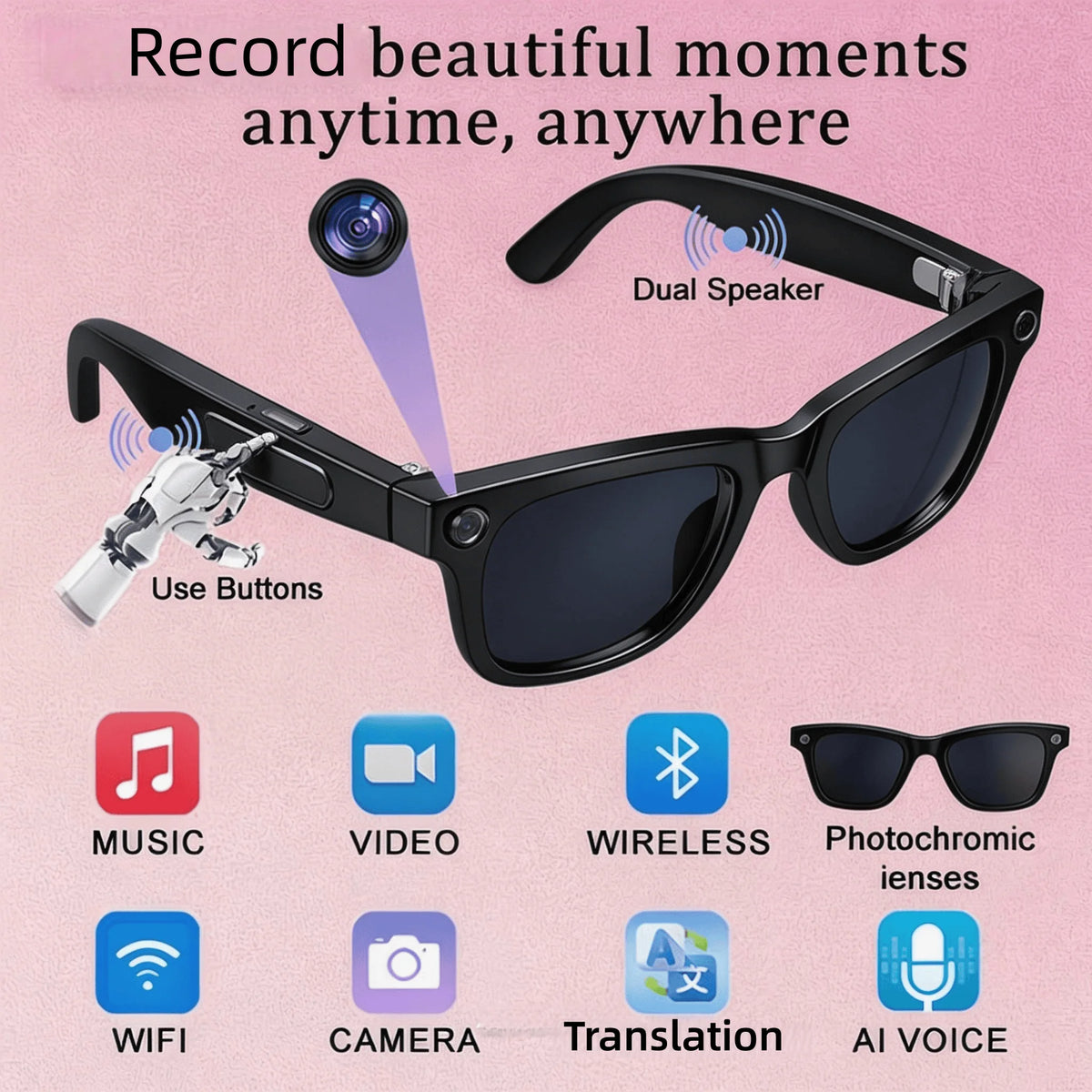 4K Camera Glasses with AI Translation 8MP Camera and Open Ear Audio