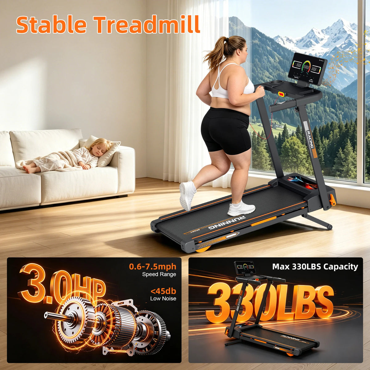 3.0HP Home Treadmill with 15 Level Auto Incline and Heart Rate Monitor