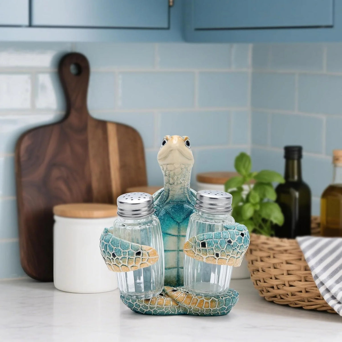 Resin Sea Turtle Salt And Pepper Shaker Holder With Glass Shakers Coastal Decor