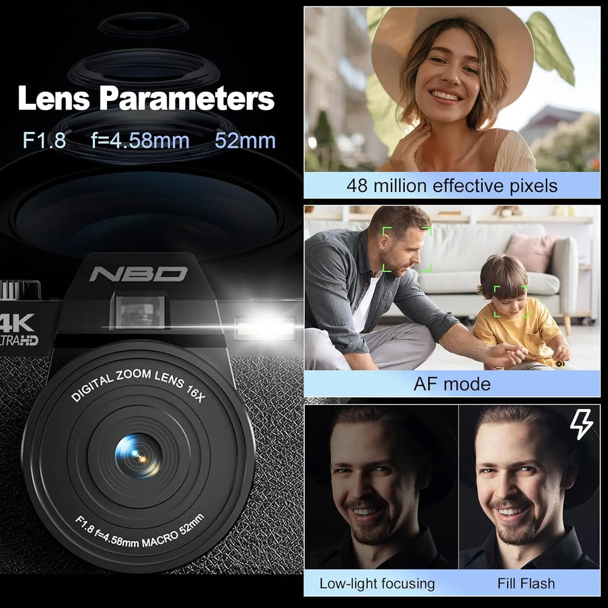 48MP 4K Vlogging Camera with 16X Zoom Flip Screen and Macro Lens