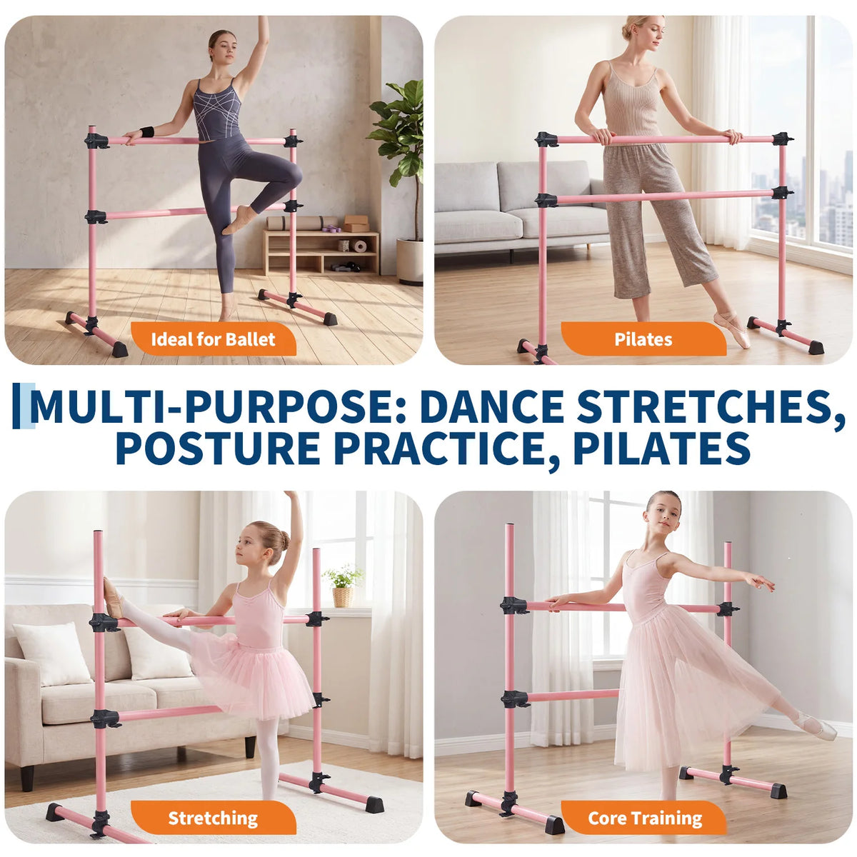 Adjustable 4 Foot Freestanding Ballet Barre for Dance Pilates and Stretching