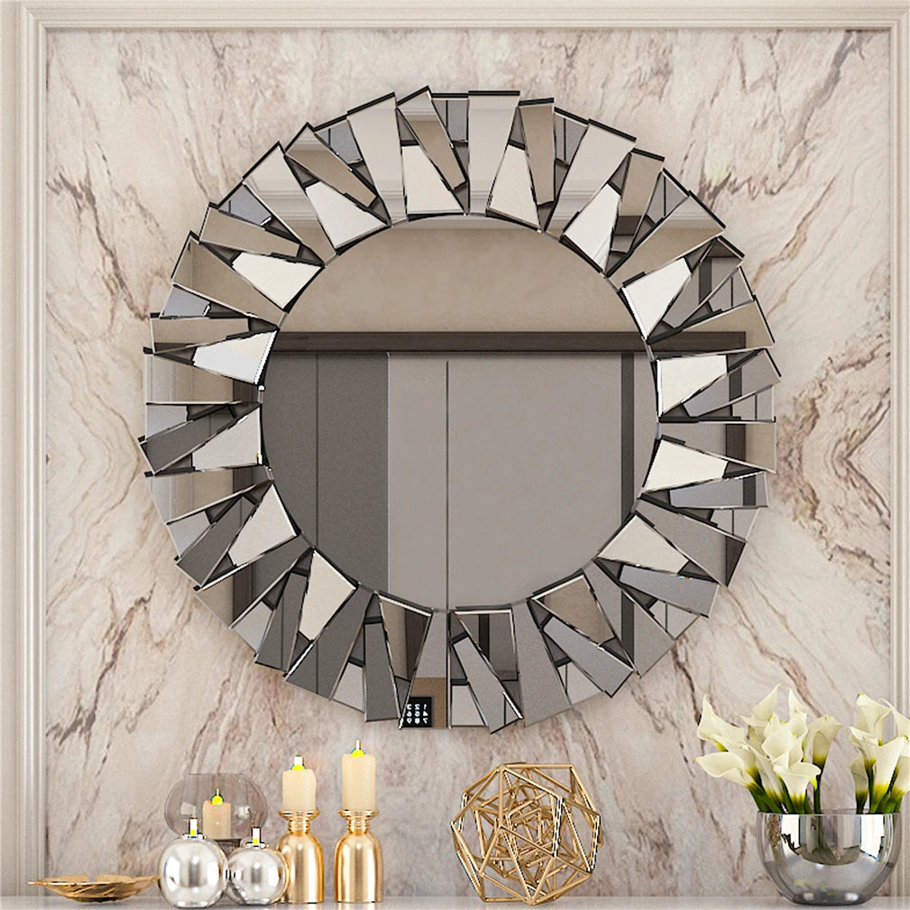 Silver Sunburst Round Wall Mirror 800mm Beveled Glass Decorative Accent Mirror