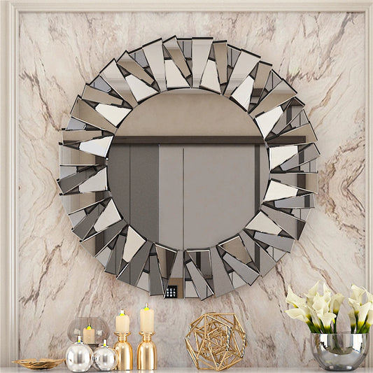 Silver Sunburst Round Wall Mirror 800mm Beveled Glass Decorative Accent Mirror