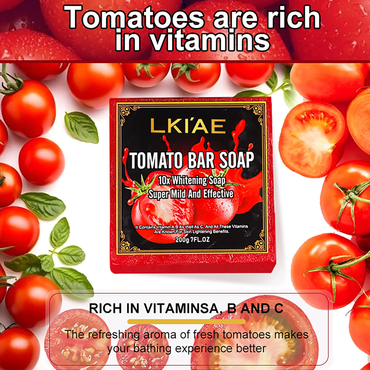 LKIAE Organic Fruit Tomato Whitening Soap, Lightening, Reduce Dark, Black Spots, Even Skin Tone, Clean Skin, Exfoliation, 200g