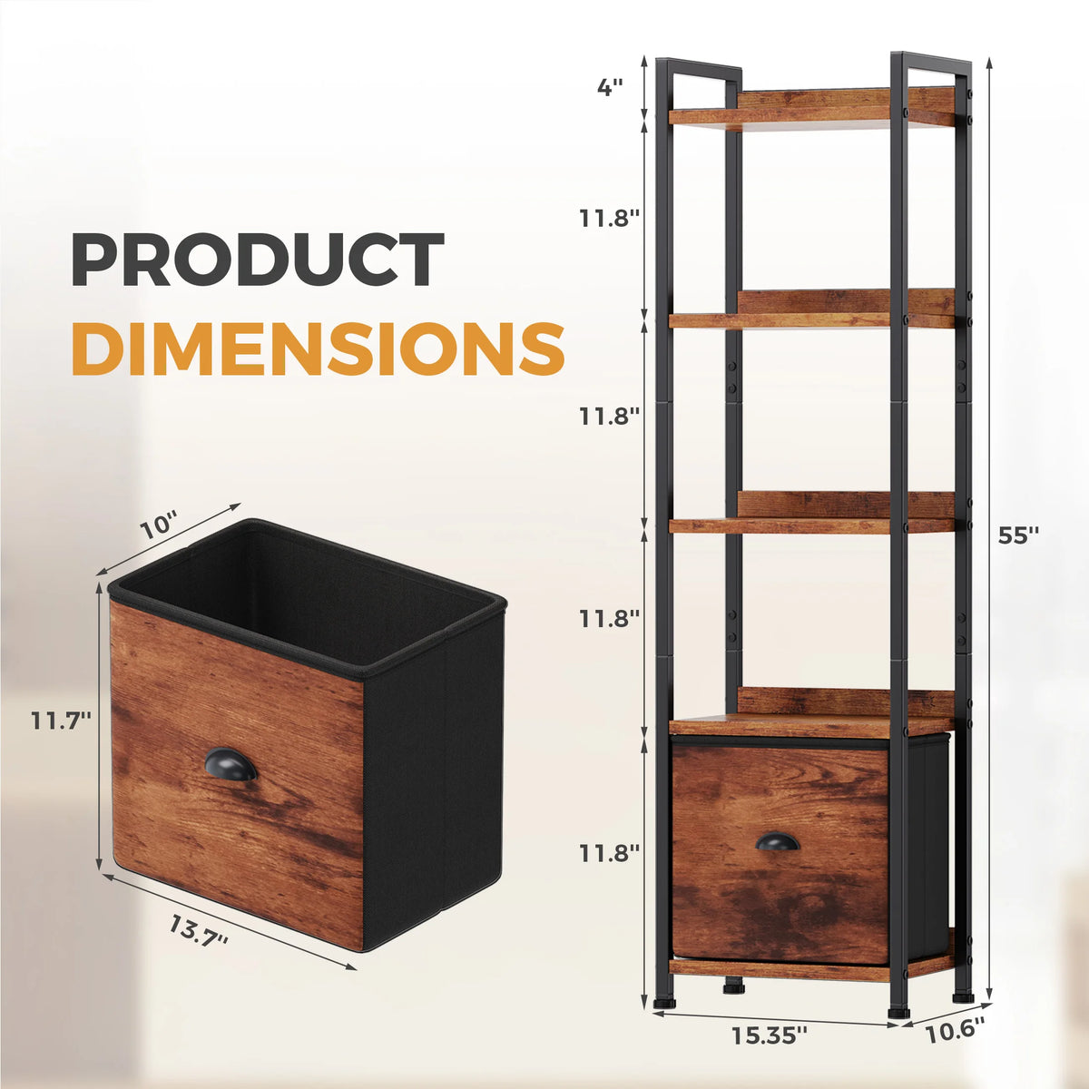 5 Tier Metal Bookshelf With Fabric Drawer Tall Freestanding Storage Shelf