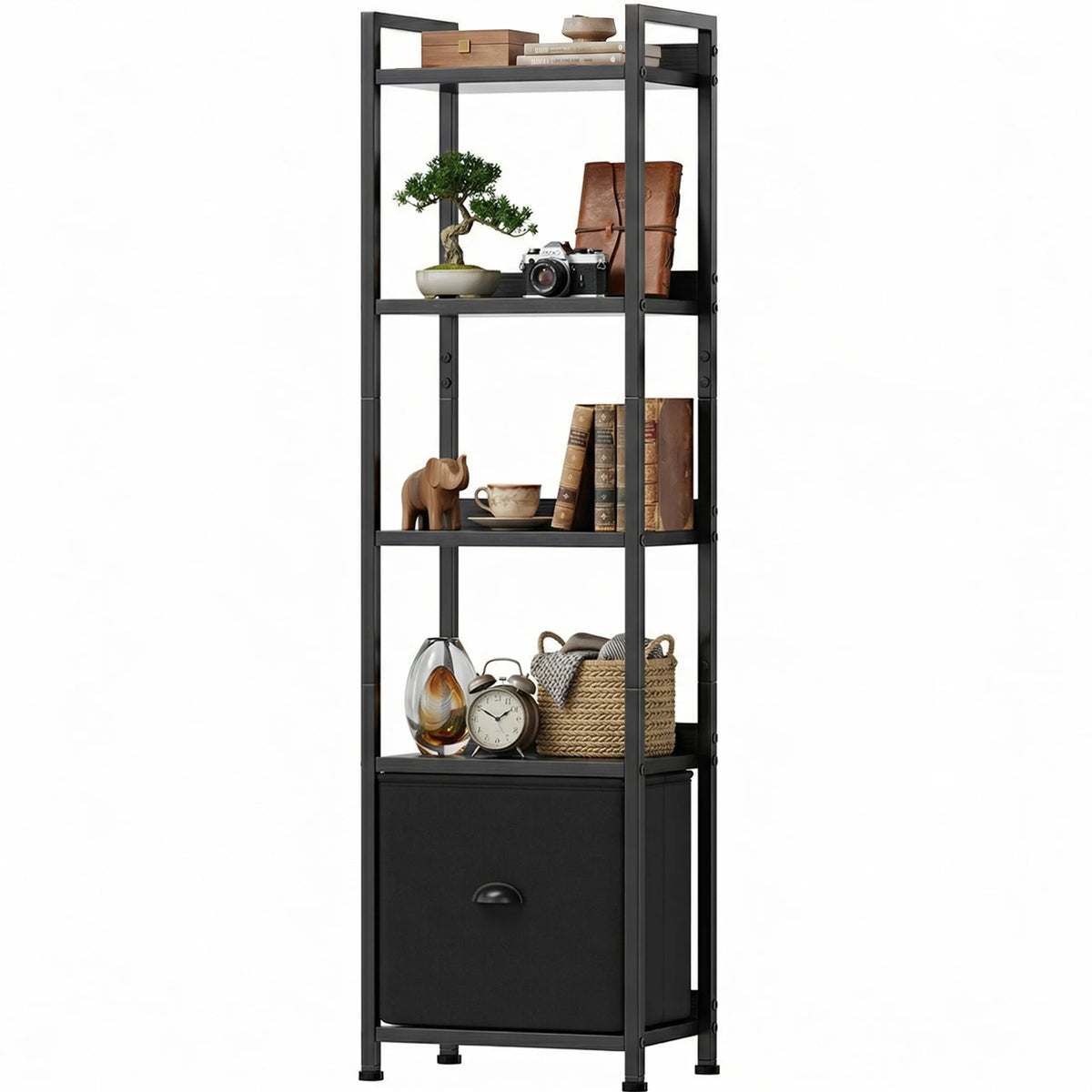 5 Tier Metal Bookshelf With Fabric Drawer Tall Freestanding Storage Shelf