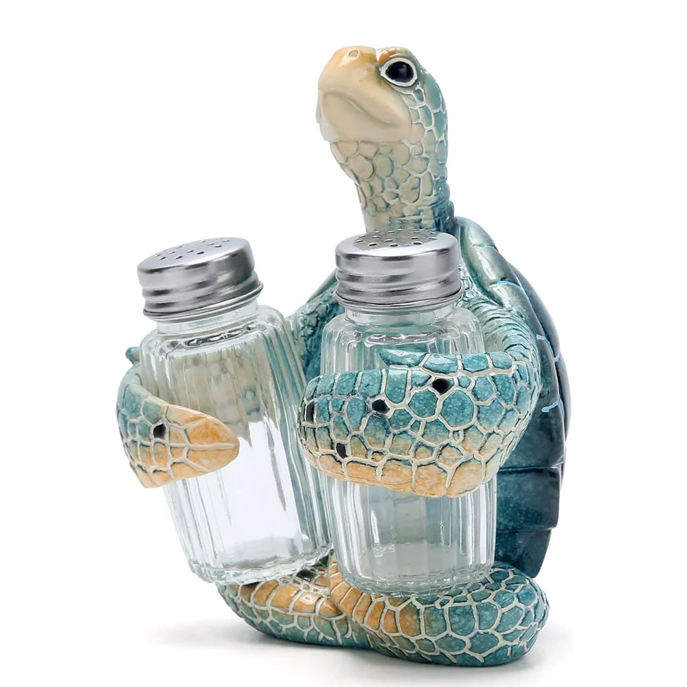 Resin Sea Turtle Salt And Pepper Shaker Holder With Glass Shakers Coastal Decor
