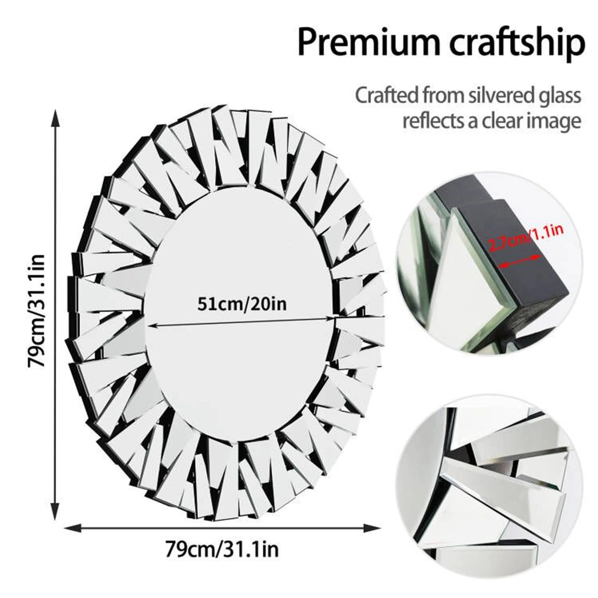 Silver Sunburst Round Wall Mirror 800mm Beveled Glass Decorative Accent Mirror