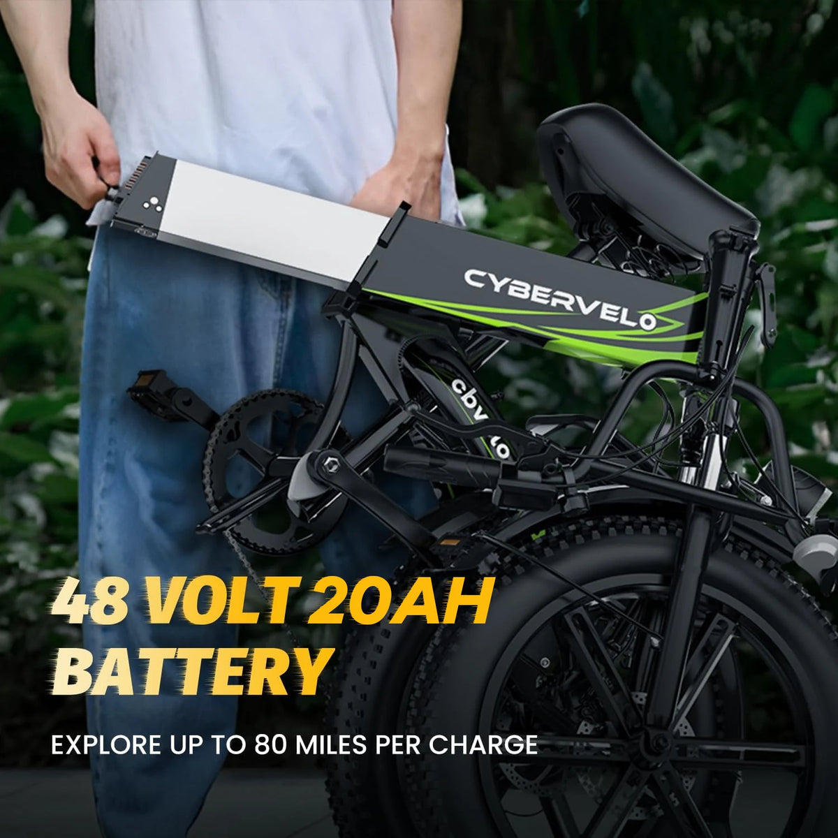 Cybervelo 20' 1000W Foldable Mountain Sand Off Road E-Bike 48V 20AH Built-in Battery 80 Miles+ Long Range Electric-Bike for Adult EK5