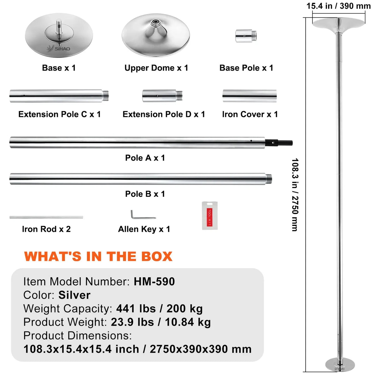 Adjustable Stainless Steel Spinning and Static Dance Pole Kit for Fitness