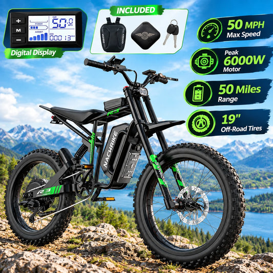 R3 50MPH Electric Dirt Bike 60V25Ah 1500Wh Battery 6000W Electric Bike Max 50Miles Ebike 19" Motorcycle Dual Hydraulic Brake
