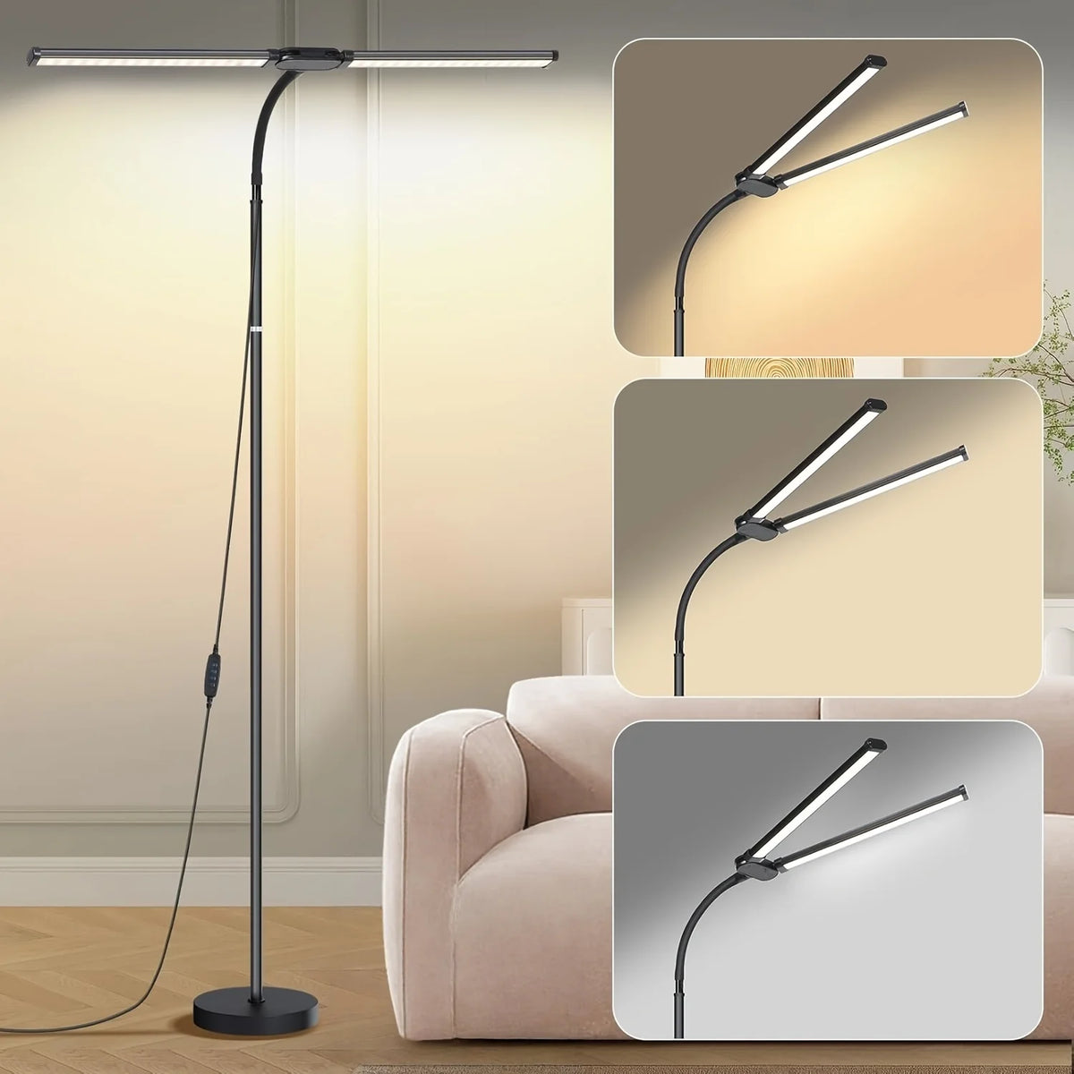 LED Floor Lamp With USB Flexible Gooseneck 3 Color Modes 8 Brightness Levels